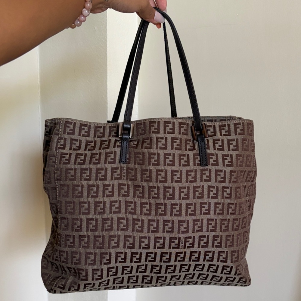 Fendi Zucchino Brown FF Fabric Canvas Tote Bag Purse